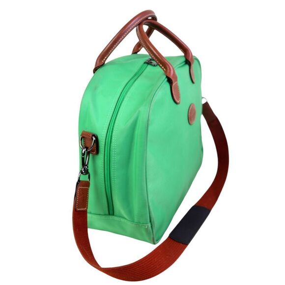 Longchamp GREEN CANVAS BROWN LEATHER ZIP AROUND TRAVEL CARRY ALL SHOULDER DUFFLE - Picture 4 of 15